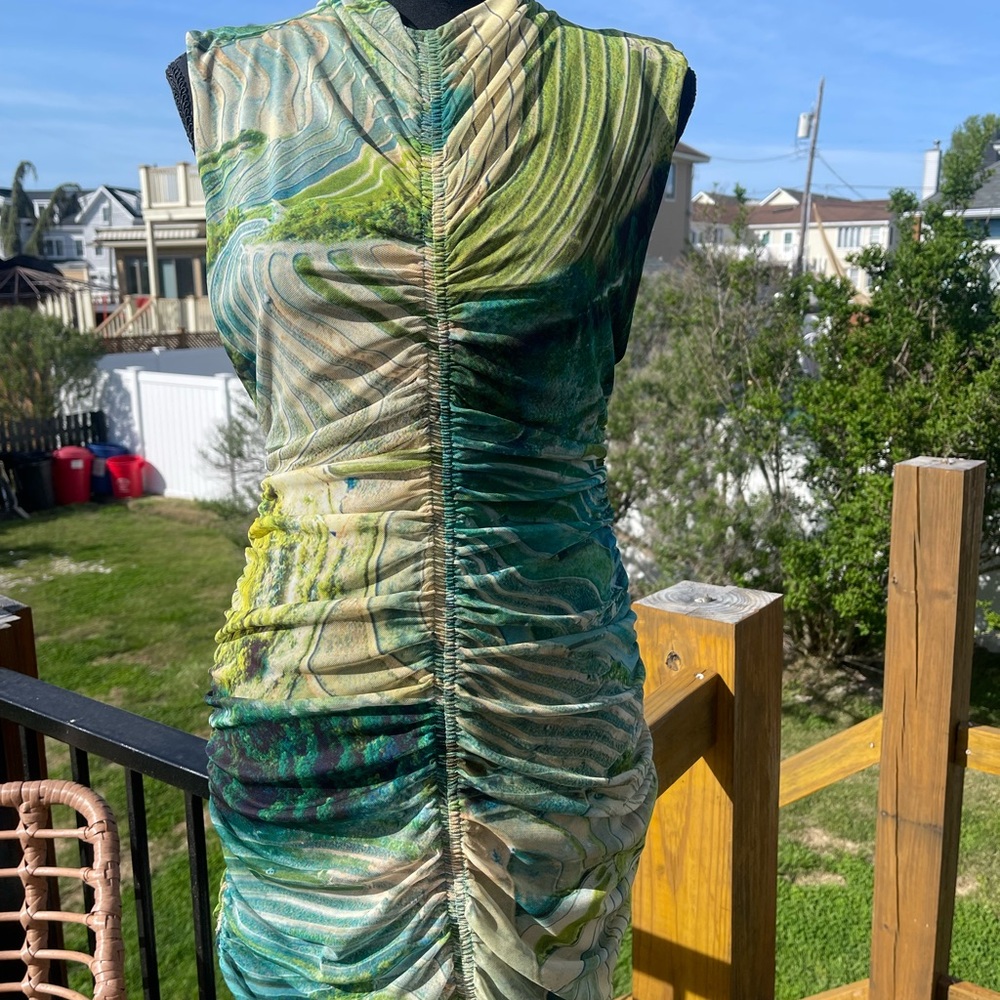 Zara Green Ruched Sleeveless Mini Dress - Picture 2 of 7